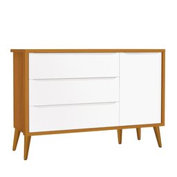 Cômoda Infantil 1 Porta e 3 Gavetas Theo Retrô Branco/Savana com Pés Amadeirado - Reller Móveis - 1 Cômoda Infantil 1 Porta e 3 Gavetas Theo Retrô Branco/Savana com Pés Amadeirado - Reller Móveis - 1