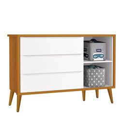 Cômoda Infantil 1 Porta e 3 Gavetas Theo Retrô Branco/Savana com Pés Amadeirado - Reller Móveis - 3 Cômoda Infantil 1 Porta e 3 Gavetas Theo Retrô Branco/Savana com Pés Amadeirado - Reller Móveis - 3