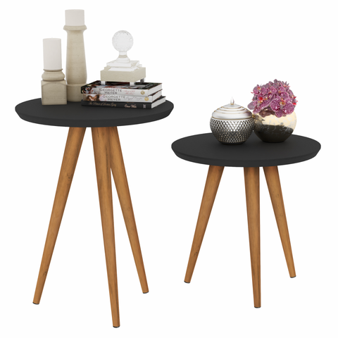 Kit 2 Mesas Retrô Decor Classic Apoio e Lateral Redonda - Preto