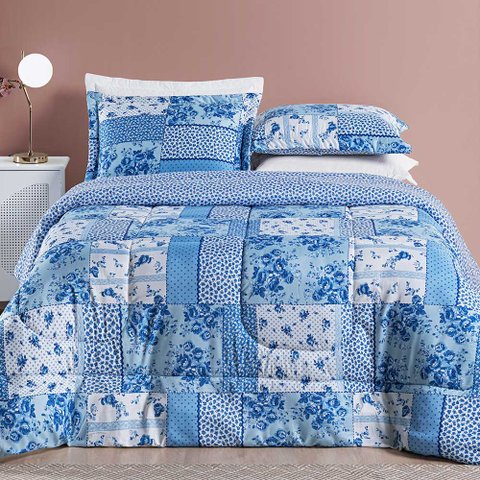 Kit Edredom Dallas Super King Dupla Face Microfibra 3 Peças - Azul Sereno Patchwork