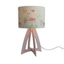 Ver imagem 1 de Abajur Base Madeira Rosa e Cúpula Tecidos Gaiolas e Flores Malva