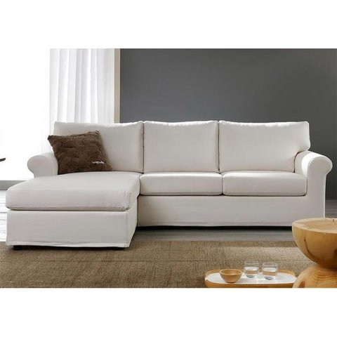 Sofá de 3 Lugares com Chaise, Revestimento Sarja Branca,  2,27m x 1,60m