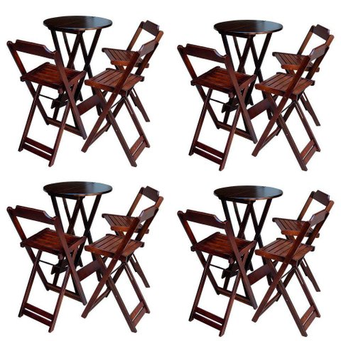 Kit 4 Conjuntos De Mesa Bistrô Dobravel Em Madeira Maciça Com 3 Banquetas Altas - Imbuia - Marrom