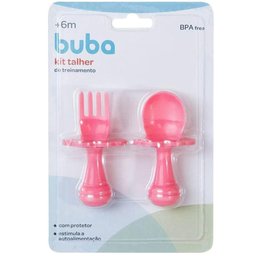 Kit Talheres de Treinamento Buba Colher e Garfo para Bebê com Escudo Limitador Rosa - 4