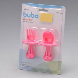 Kit Talheres de Treinamento Buba Colher e Garfo para Bebê com Escudo Limitador Rosa - 2