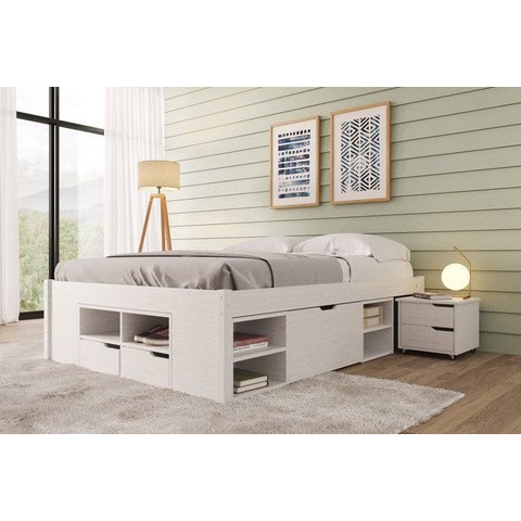 Cama Casal Multifuncional Madeira Maciça 6 Gavetas Charme Branco/Lavado