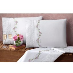 Jogo de Cama Queen 200 fios Bordado Bouquet Branco Casaborda 4 peças - 3