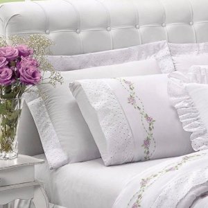 Jogo de Cama Queen 200 fios Bordado Bouquet Branco Casaborda 4 peças