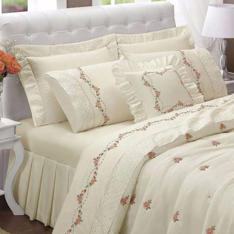 Jogo de Cama Queen 200 fios Bordado Bouquet Palha Casaborda 4 peças