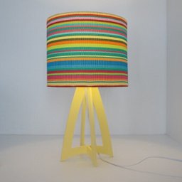 Abajur Base Madeira Amarela e Cúpula Listras Coloridas - 2