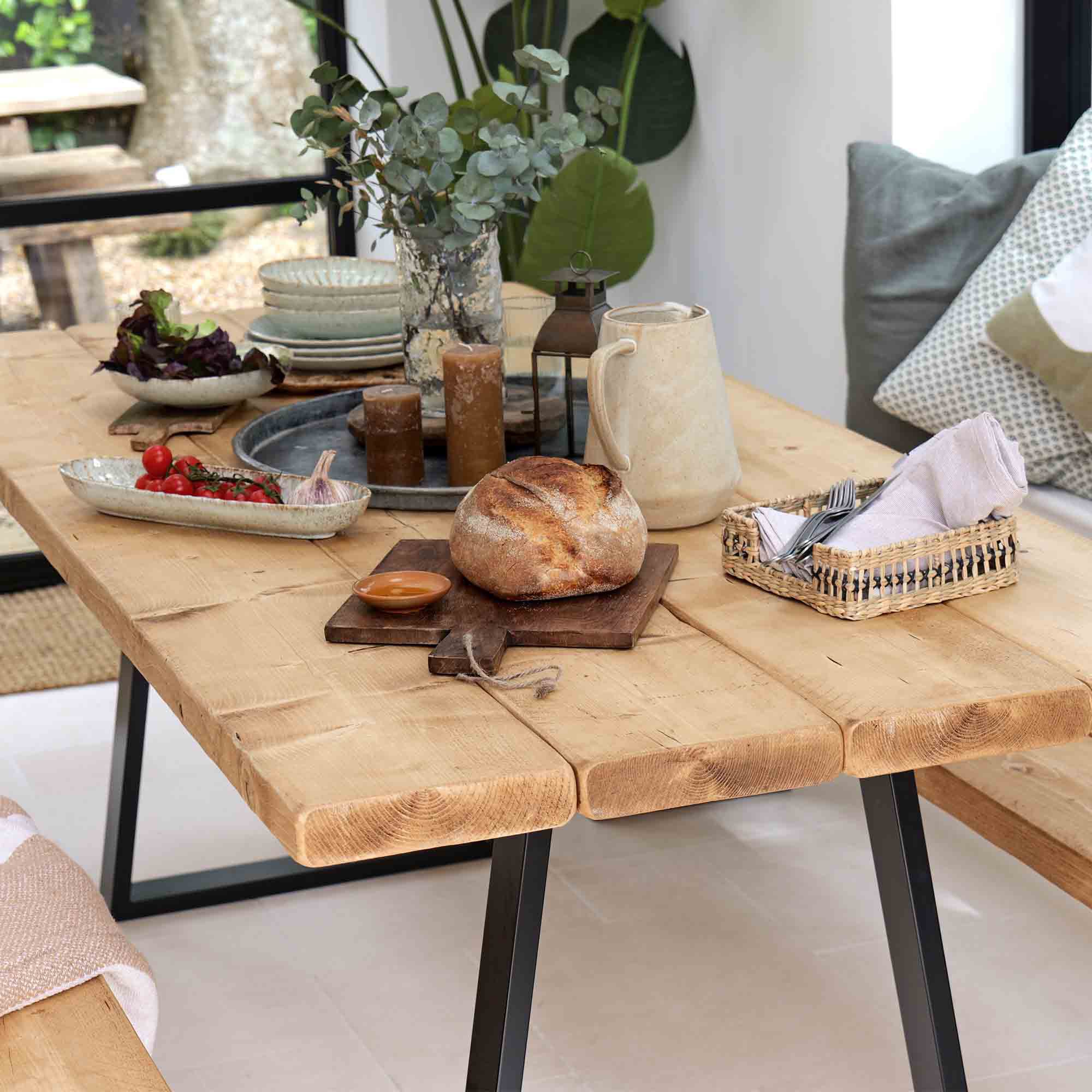 Conjunto de Mesa e Bancos Rústicos | Estrutura Hairpin - 80cm - 8