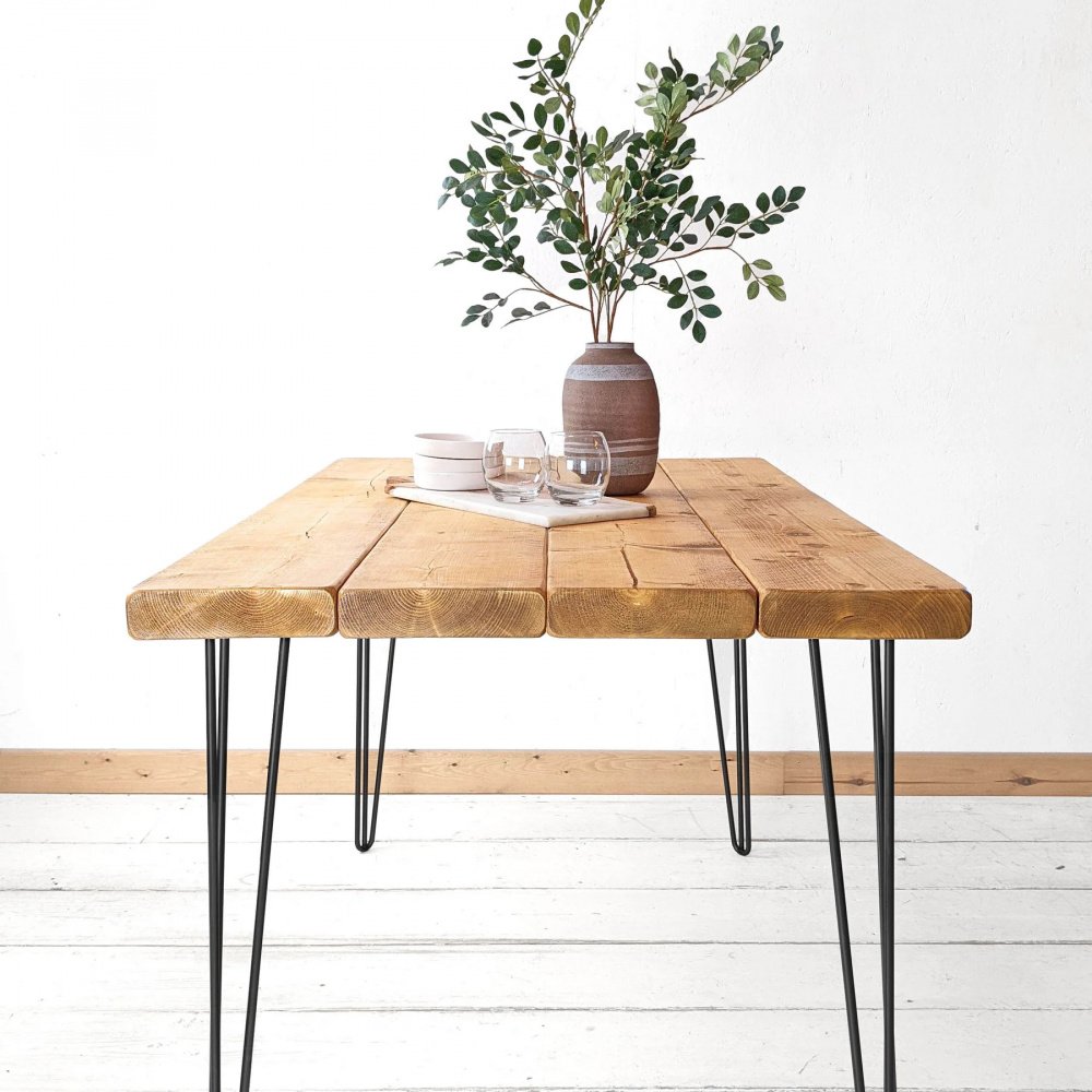 Conjunto de Mesa e Bancos Rústicos | Estrutura Hairpin - 80cm - 2