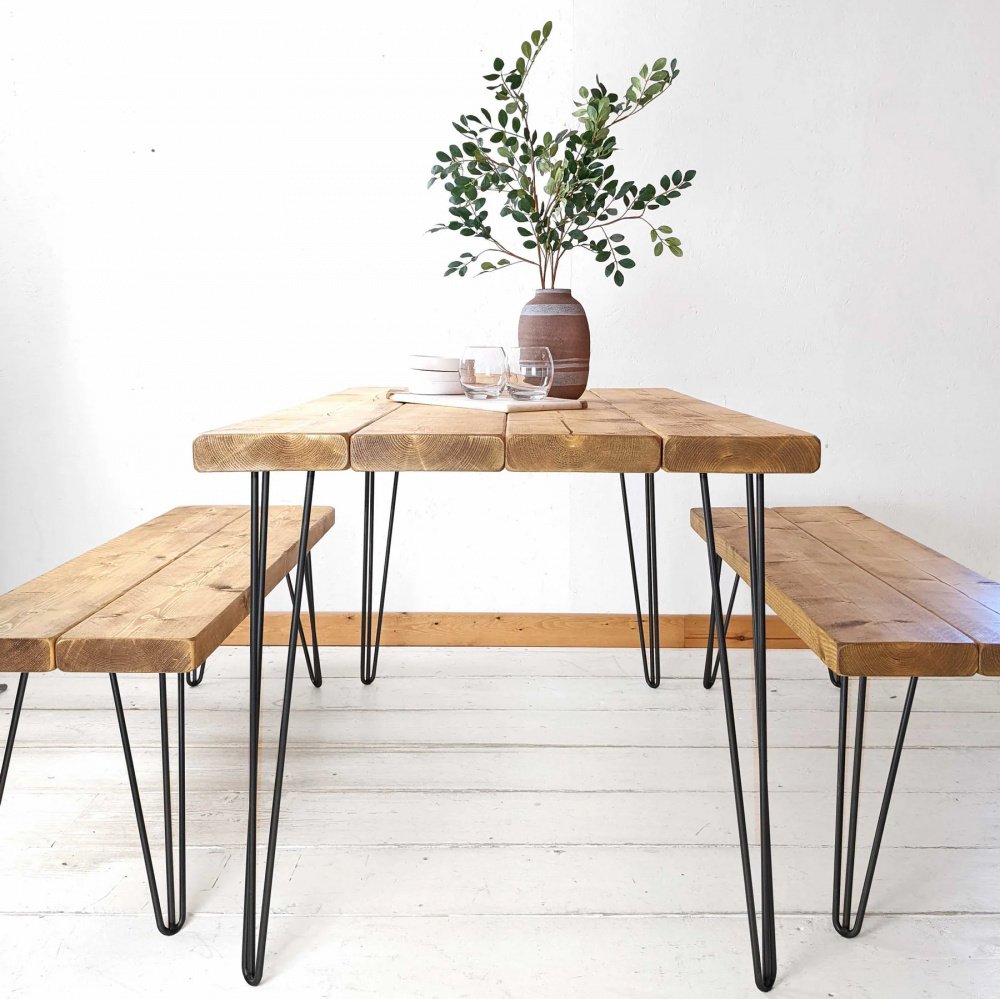 Conjunto de Mesa e Bancos Rústicos | Estrutura Hairpin - 80cm - 1