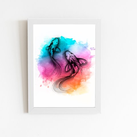 Carpa Peixe Arte Minimalista Quadro Moldura Branca 60x40cm