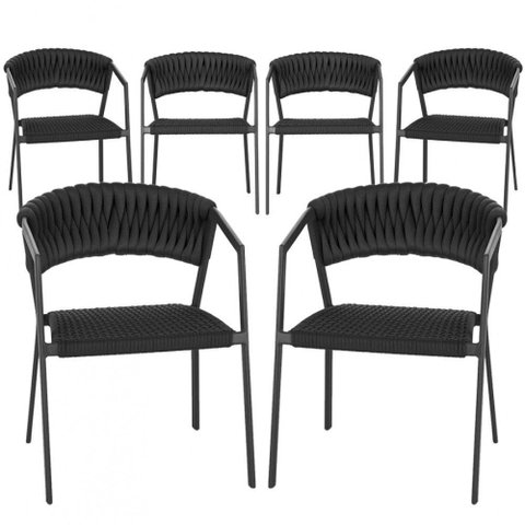 6 Cadeiras Tricô Náutico e Alumínio Proteção Uv Varanda Dark Preto