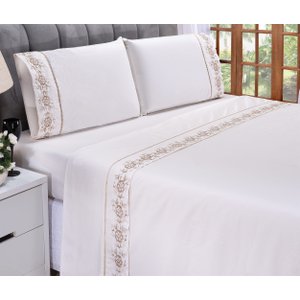 Jogo Lençol Casal Queen Bordado Diamante Branco e Cinza 4 Pçs