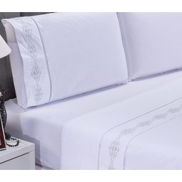Jogo Lençol Casal Queen Bordado Diamante Branco e Cinza 4 Pçs - 2