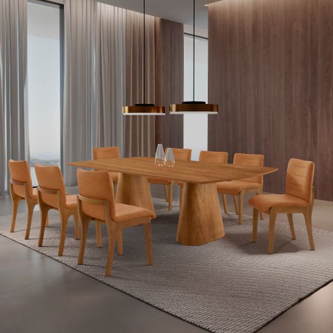 Sala de Jantar Mesa Noronha 220cm Tampo Laminado Barril com 8 Cadeiras Bella Mobillare