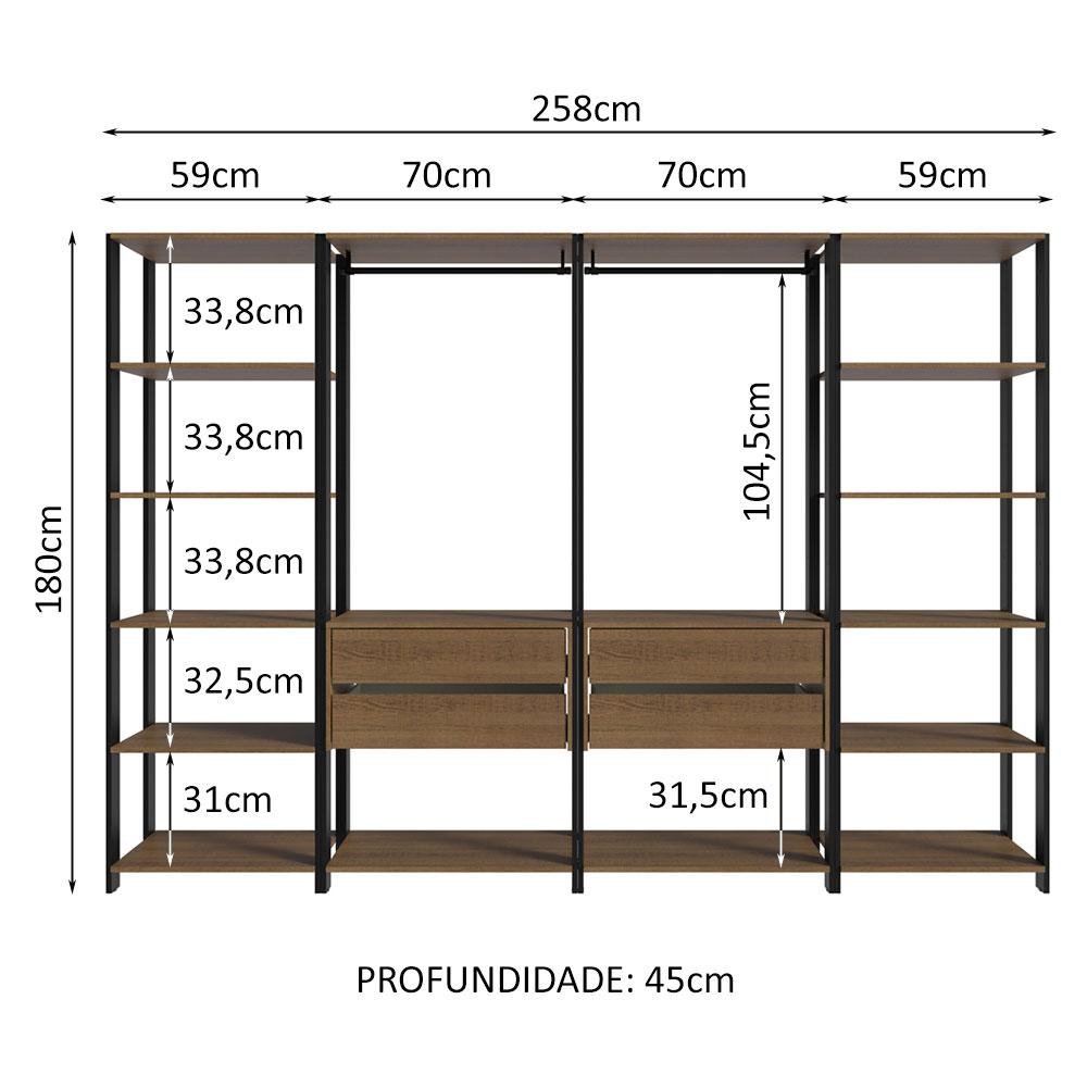 Guarda-roupa Closet Modulado Valencia 4 Gavetas 258cm Rustic/preto Madesa 01 - 4