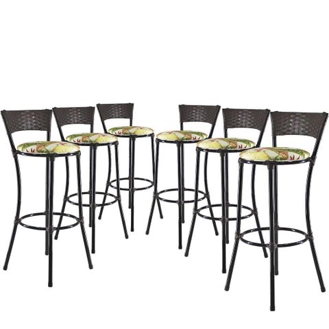 Kit Com 6 Banquetas Alta Forts Fibra Uv Bancada, área Goumert, Bar, Piscina, Balcão, Floral Verde