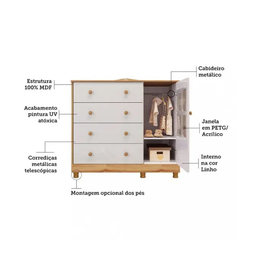 Cômoda Infantil Elô Peroba Branco Amêndoa Mdf 1 Porta Vidro - 4