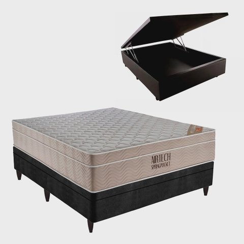Cama Box com Baú Casal sintético + Colchão Airtech SpringPocket Ortobom 138x188 Preto
