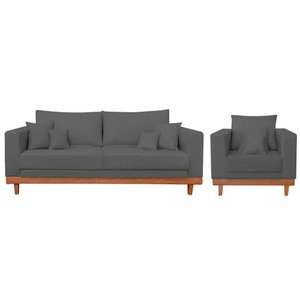 Kit 1 Poltrona Living Suede + Sofá 3 Lugares com Almofadas Cor:cinza