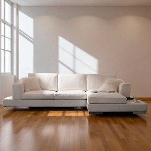 Sofá de 3 Lugares com Chaise, Revestimento Couro Sintético Branco, 2,90m X 1,61m