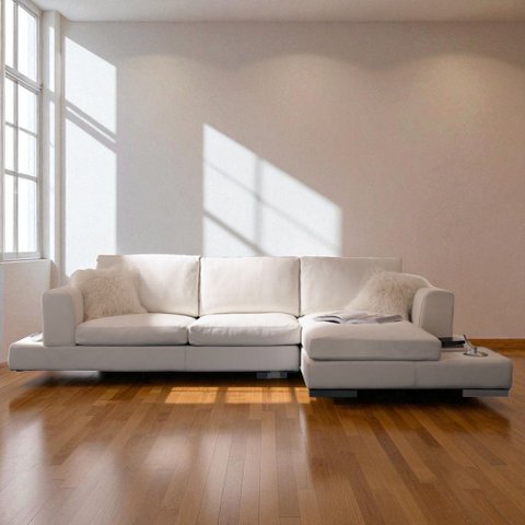 Sofá de 3 Lugares com Chaise, Revestimento Couro Sintético Branco, 2,90m X 1,61m