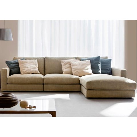 Sofá de 3 Lugares com Chaise, Revestimento Linho Sintético Bege, 2,54m X 1,61m