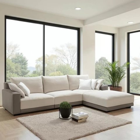 Sofá Modulado, 3 Lugares com Puff, Revestimento em Sarja Cinza com Creme, 2,80m x 2,00m