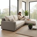 Ver imagem 4 de Sofá Modulado, 3 Lugares com Puff, Revestimento em Sarja Cinza com Creme, 2,80m x 2,00m