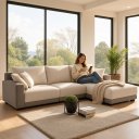 Ver imagem 2 de Sofá Modulado, 3 Lugares com Puff, Revestimento em Sarja Cinza com Creme, 2,80m x 2,00m