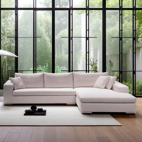 Sofá 5 Lugares com Chaise, Revestimento em Sarja Branca, Chaise Lado Direito, 3,20m X 1,70m