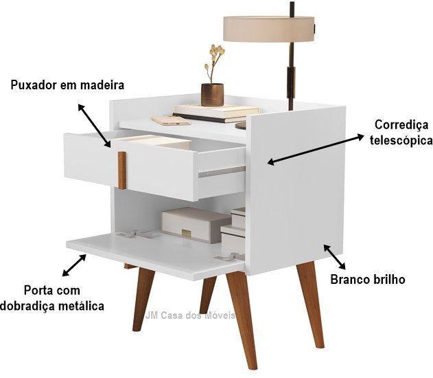 Mesa de Cabeceira Davi 1 Gaveta 1 Porta Pés Palito Branco - JM Casa dos Moveis - 4