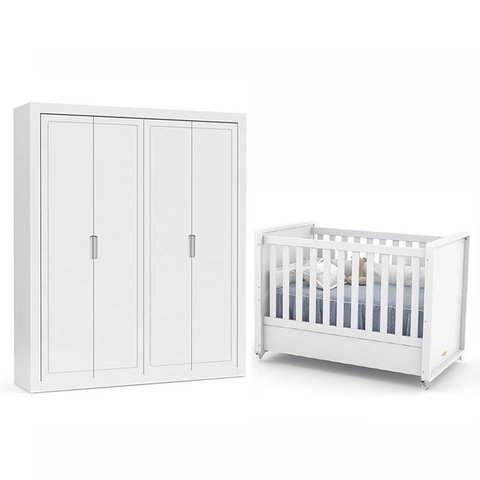 Jogo de Quarto Infantil com Guarda Roupa 4 Portas e Berço Tutto New Branco Soft - Matic Móveis