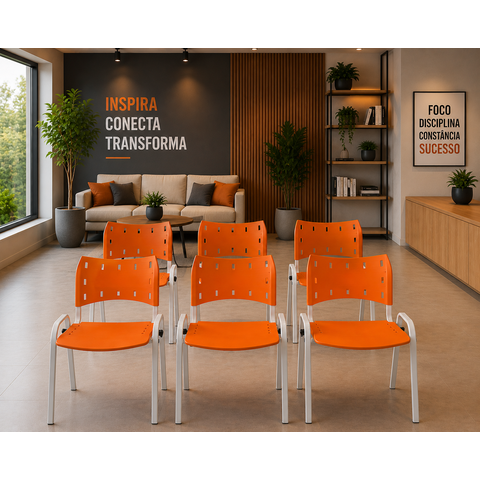 Cadeiras Modernas para Ambientes Corporativos, Treinamento Laranja Base Branca Kit com 6