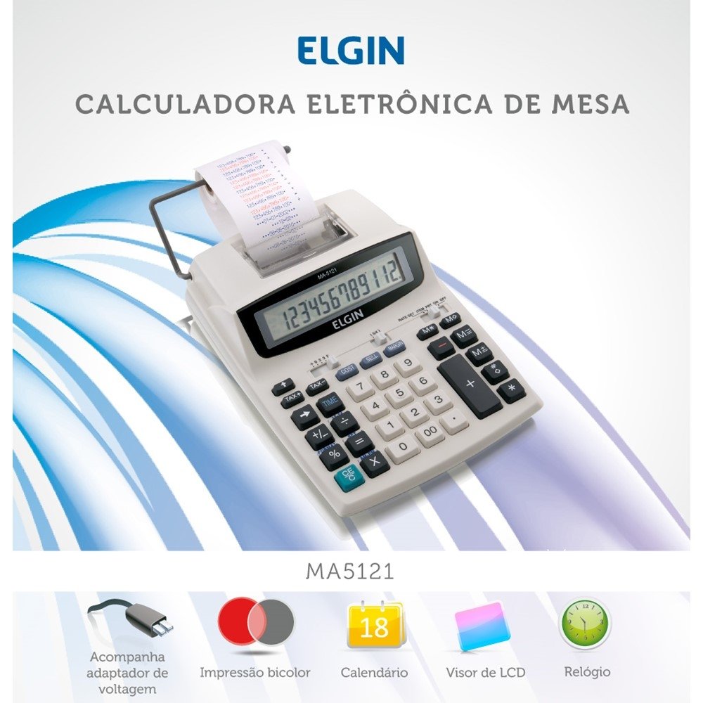 Calculadora De Mesa Eletrônica Compacta Elgin MA5121 Cálculo Financeiro Impressão Bicolor 12 Dígitos - 3