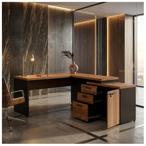 Mesa Escritório em L 1,70x1,60m Extensível c/ Armário Misto 3 Gavetas Workstart Nogal Sevilha/Preto
