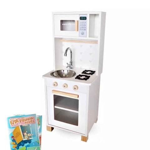 Kit Livro Mini Cozinha Infantil com Pia Fogão e Microondas - Branco