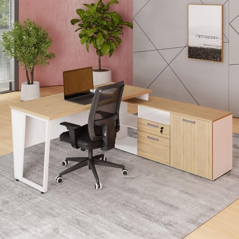 Mesa L Escritório 150cm com Armário Lateral Pé Metal F5 Cor:macadâmia com Branco