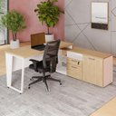 Ver imagem 1 de Mesa L Escritório 150cm com Armário Lateral Pé Metal F5 Cor:macadâmia com Branco
