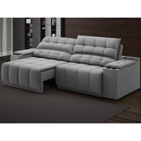 Sofá com Porta Copos Carregador USB Ret Rec Samurai 2,30m Velosuede Grafite - NETSOFAS