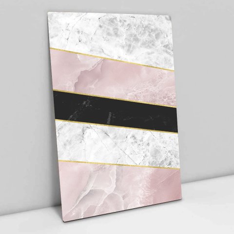 Quadro Decorativo em Canvas Geométrico Mármore Rosa, Branco e Preto TaColado Moldura Preta 120 x 80c
