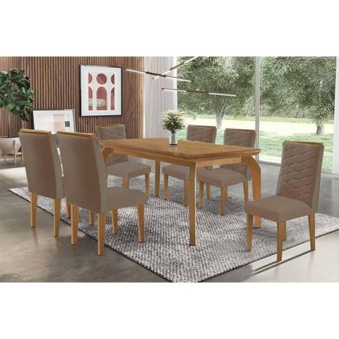 Conjunto: Mesa de Cozinha Londrina Tampo Curvo 180cm+6 Cadeiras Maldivas Madeira Naturale -