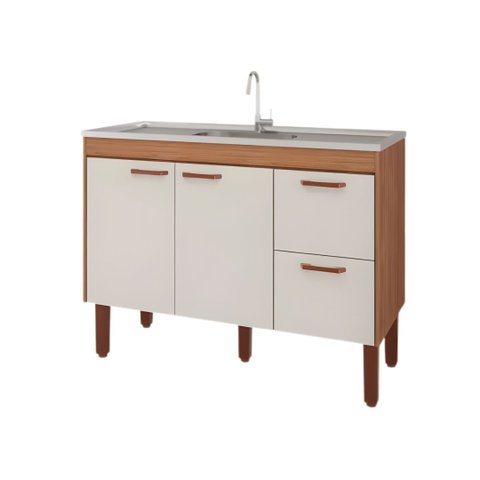Gabinete de Cozinha 114cm Armário 100% MDF 2 Porta 2 Gavetas:Freijó/Off White