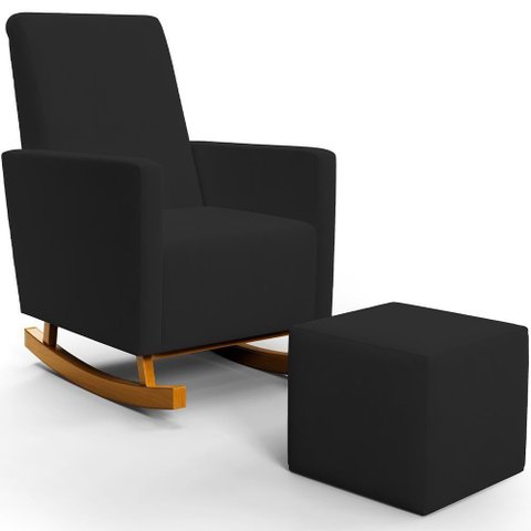 Poltrona de Amamentação com Balanço e Puff Ravena W01 Suede Preto - Lyam Decor