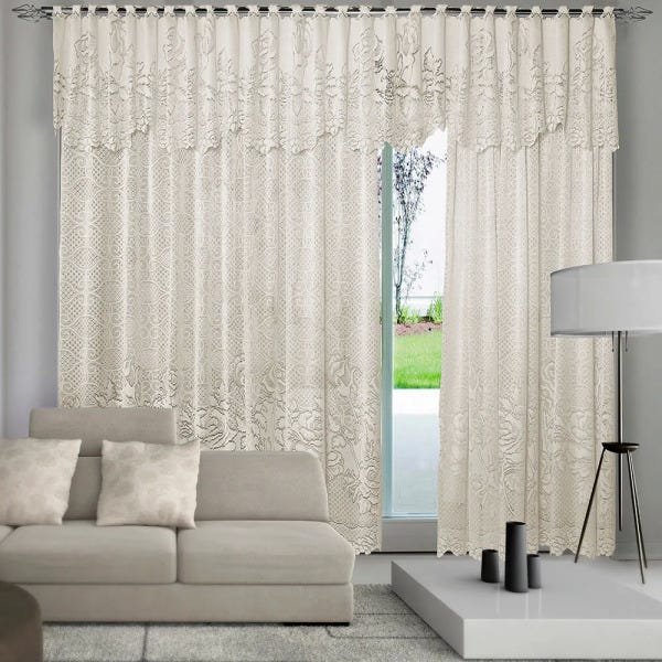 Cortina de Renda Bege Roseiral 350cm x 220cm + 50cm Interlar