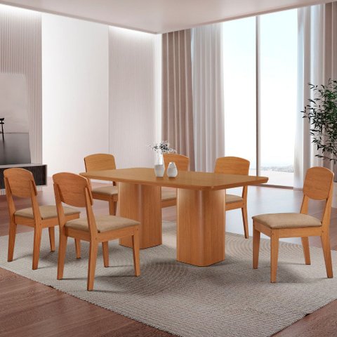 Mesa de Jantar Eloise 180cm Tampo Mdf Laminado com 6 Cadeiras Copper Moderna Mobília