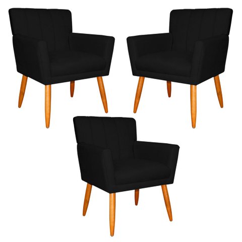 Kit 3 Poltronas Decorativa para Sala de Estar Cecília Suede Preto - Montanaris Decor Md Montanaris D